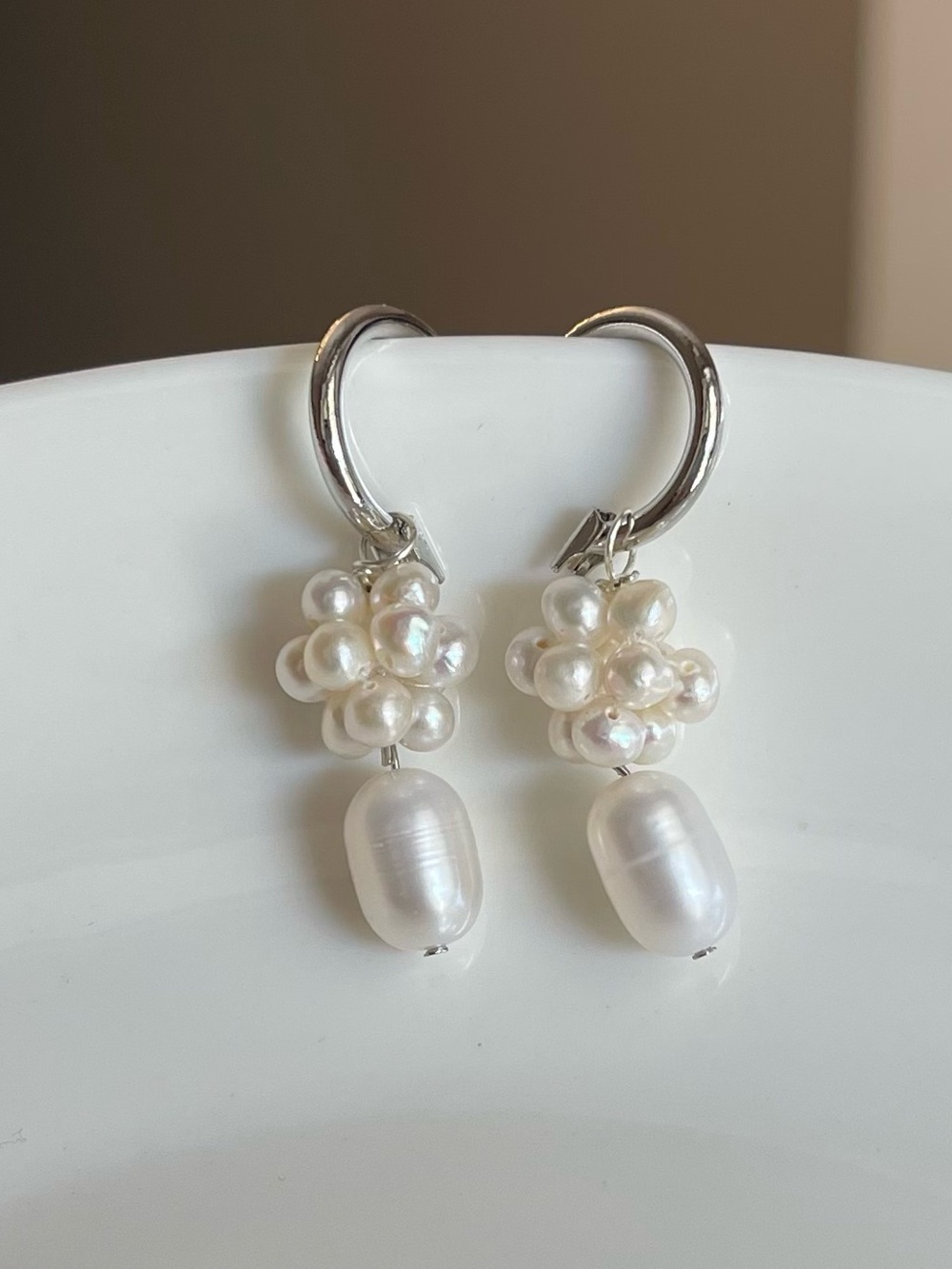 Freshwater Pearl Cluster Drop Earrings - White